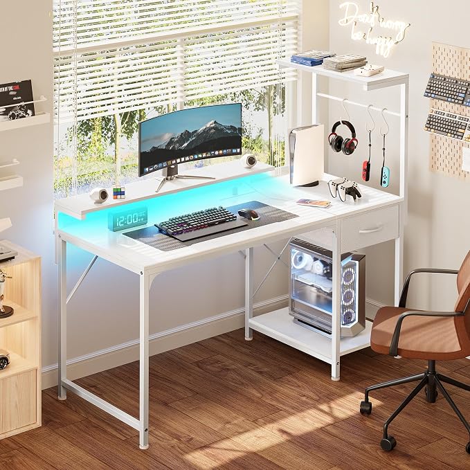 47.2 Inch Gaming Desk with LED Lights & Power Outlets | Computer Desk with Drawer & Storage Shelves, Office Writing Desk with Monitor Stand for Work from Home, White