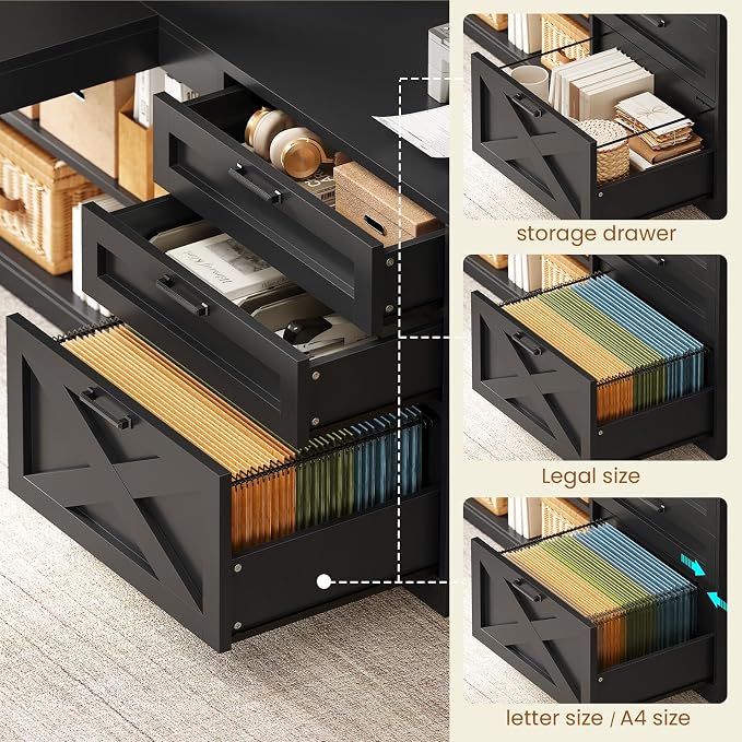 SEDETA 61" Farmhouse L Shaped Gaming Desk with Drawers, Bookshelf Storage | Computer Desk with Storage Shelves and Power Outlet, Corner Gaming Desk with LED Light and Display Cabinet for Home Office