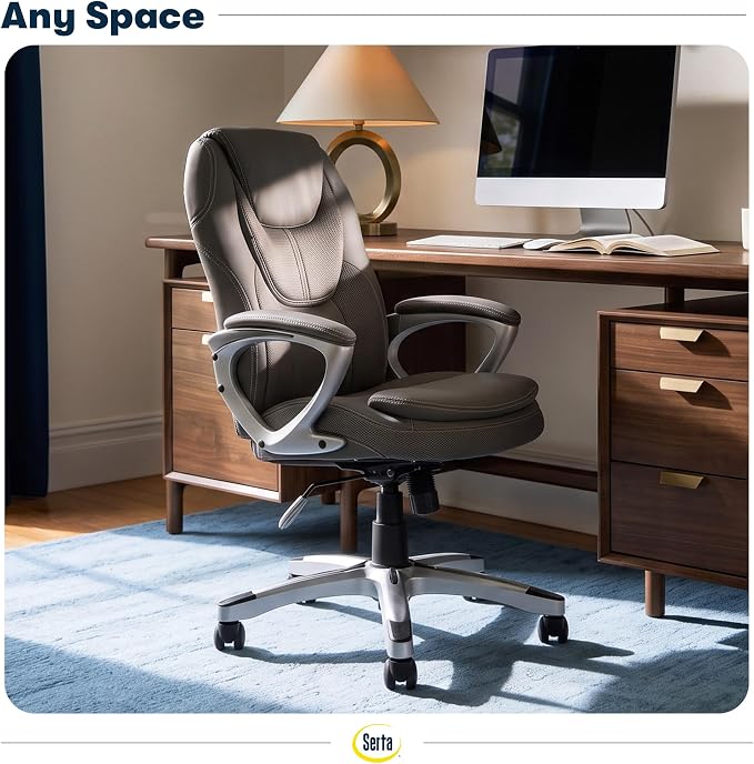 Serta Ergonomic Executive Office Chair, Padded Arms Mesh Back Leather Chair | Amplify, Contoured Lumbar Lower Back Support, Back Pain Relief, Adjustable Height & Tilt, Work From Home Desk Chair, Duo Gray
