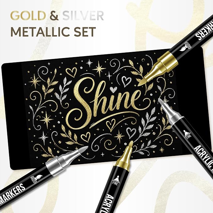 Pagather Gold and Silver Acrylic Paint Markers, 12 Dual Tip with Fine Tip and Brush Tip Pens for Fabric, Stone, Wood, Canvas, Ceramic, Metal, Glass, Rock Painting, DIY Crafts
