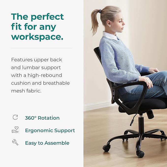 OLIXIS Home Office Chair, Mesh Desk Chair, Ergonomic Lumbar Support | Mid Back Computer Ergonomic, Height Adjustable Swivel Task, Large Seat Armrest, Adults, Black