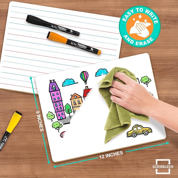 Scribbledo 5 Pack Small Lined Dry Erase Boards, 9x12 Double Sided | 5 Pcs Classroom Value Set, Smooth Learning Surface for Handwriting, Study & Homeschool Supply, Easy to Clean Masonite Board