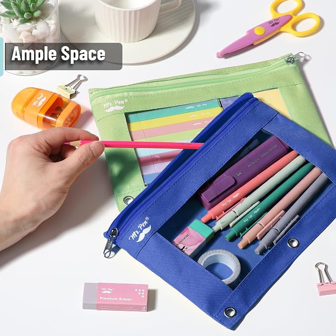 Mr. Pen- Pencil Pouch for 3 Ring Binder, 2 Pack, 10"x6.75", Smooth Zipper | Clear Window, Large Capacity Pencil Case with 3 Reinforced Grommets for School, Office, Supplies Storage