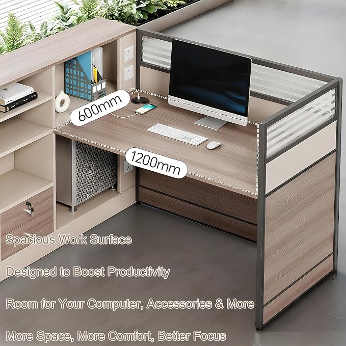 Modern Office Workstation Desk with Side Storage Cabinet, Tempered Glass Privacy Panels, USB Charging Hub & Cable Management, Modular Cubicle Desk for Office Work (C - Left, 4P)