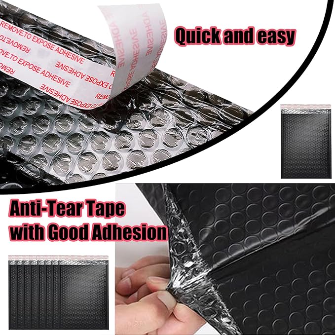 50 PCS Bubble Mailers, Black Poly Padded Envelopes, Waterproof Shipping Bags, Self Seal Cushion Envelopes for Mailing, Shipping, Packing, Small Business, 3 Sizes