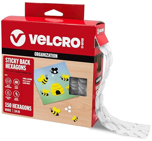 VELCRO Brand Sticky Back Hexagons, Adhesive Dots, White, 3/4 in, 150 Pk | Hook And Loop Dots with Adhesive For Smooth Surfaces, Nature Inspired Shapes For Office Classroom And Home Organization