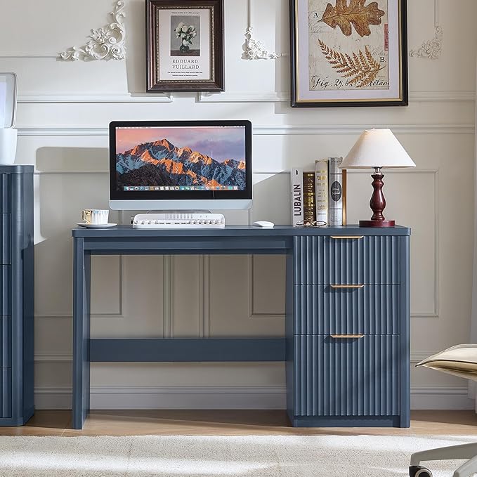 LEYAOYAO Office Desk 48" with 3 Drawers Storage File Cabinet Wood Fluted Desk for Computer Office Bedroom Home Furniture Blue