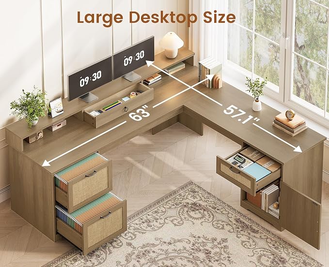 SEDETA Farmhouse 63" L Shaped Desk with Drawers and Storage Cabinet,Oak | Office Desk with File Drawers, Wood Corner Computer Desk with Storage, Home Office Desk with Monitor Stand