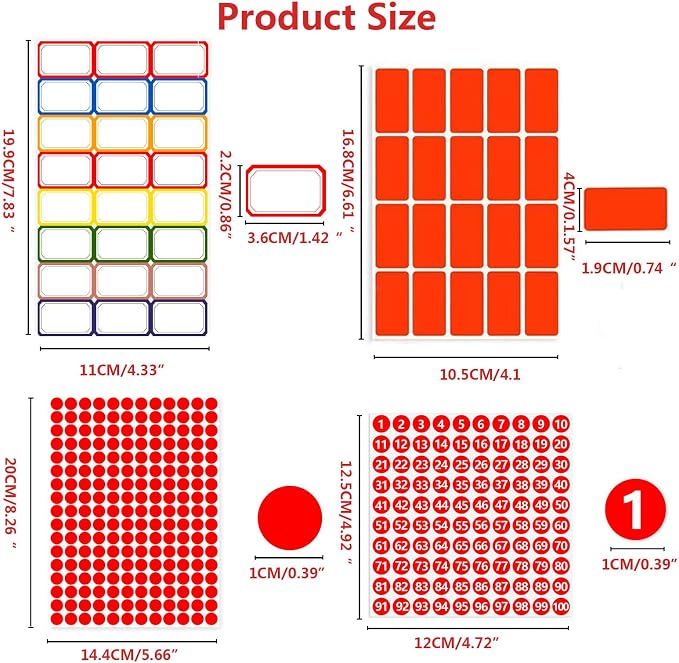 1740PCS Colorful Self Adhesive Labels Stickers,Blank Name Rectangular Tags, Round Colored Dot Stickers & Number 1-100 Color Coding Stickers for Office, School, Storage Organizing, Craft DIY