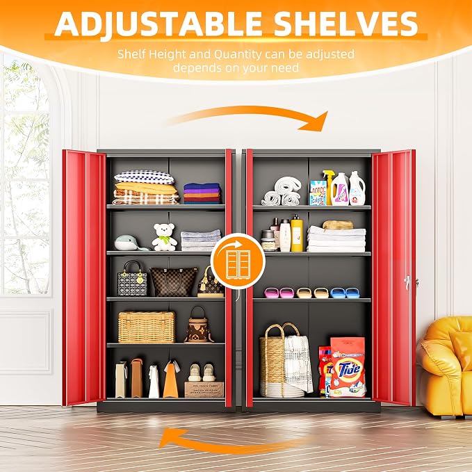Metal Storage Cabinet with Doors, 72" Locking Steel Storage Cabinet with Shelves, Tall Metal Cabinet Lockable Steel Cabinets for Home Office, Garage,(Black+Red)