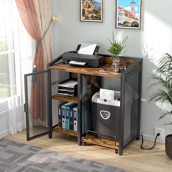 Unikito Large Printer Stand with Power Outlet and Adjustable Storage | Printer Table With Paper Shredder Stand On Wheel, File Cabinet with PC Tower Shelf for Home Office, Rustic Brown