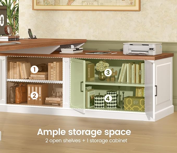 SEDETA Farmhouse L Shaped Desk with Drawers, 70.9" Home Office Desk with Storage Cabinet and Storage Shelves, L Shaped Computer Desk with Power Outlet，White+Brown