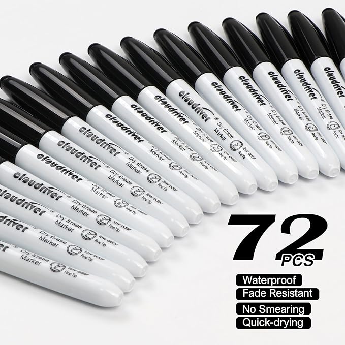 cloudriver Dry Erase Markers Ulta Fine Tip, 72 Pack Black Whiteboard Marker, 0.7mm, Low Odor, For Office And Home