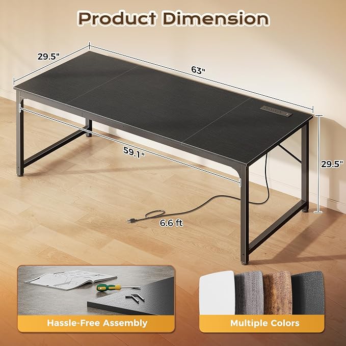 63 X 30 Inch Extra Deep Desk with Power Outlets | Long Computer Desk for Bedroom, Office Desk for Work from Home, Writing Study Gaming Table, Stable Metal Frame, Black