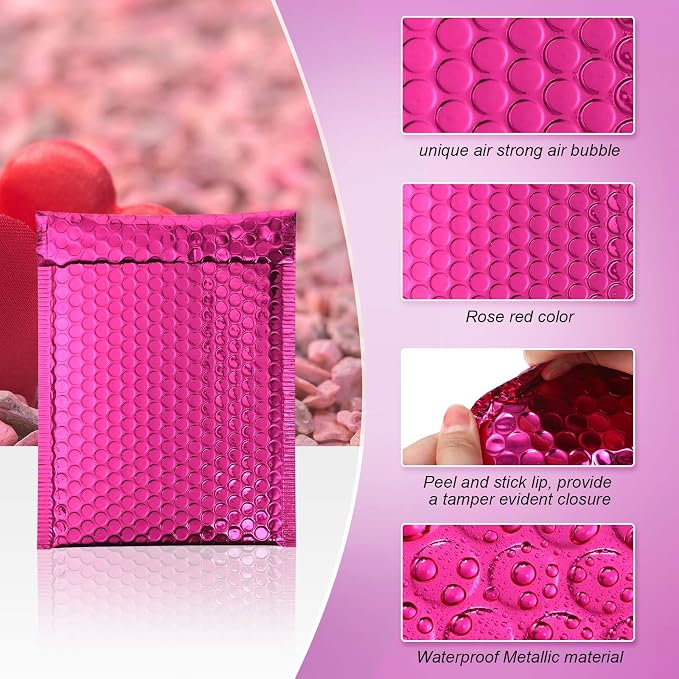50 Pieces Bubble Mailers 3 Sizes Self Seal Adhesive Poly Mailers Metallic Foil Glitter Padded Shipping Bubble Envelopes for Valentine Mailing Packing Small Business(Rose Red)