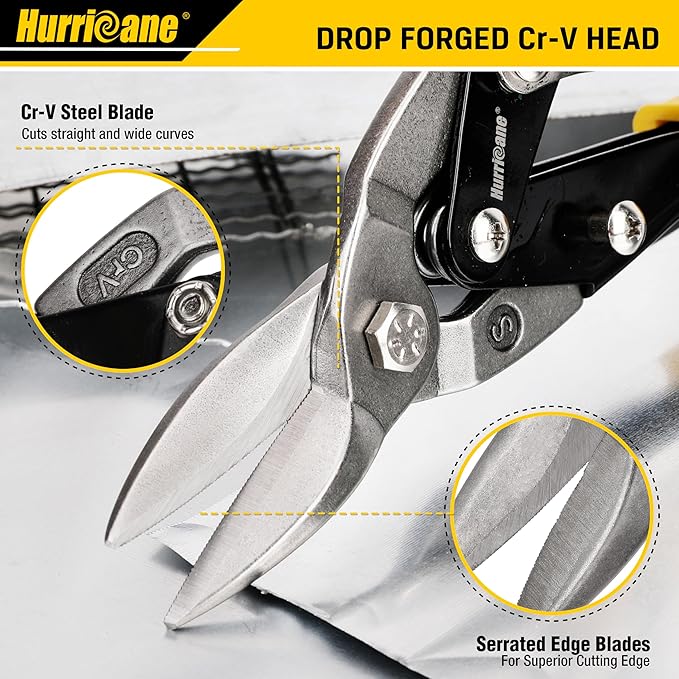 HURRICANE 3 pc Aviation Tin Snips Set, 10 inch Metal Cutter Shears for Cutting Sheet Metal, Cr-V Blades, Straight Left and Right Aviation Snips, with Ergonomical TyreGrip Handle and Safety Latch