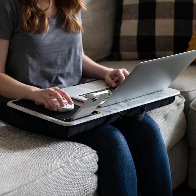 LAPGEAR Home Office Lap Desk with Device Ledge, Mouse Pad, and Phone Holder - White Marble - Fits Up To 15.6 Inch Laptops - Style No. 91501 | Built-In Mouse Pad & Phone Slot, Integrated Device Ledge, Dual-Bolster Microbead Cushion, Carry Handle