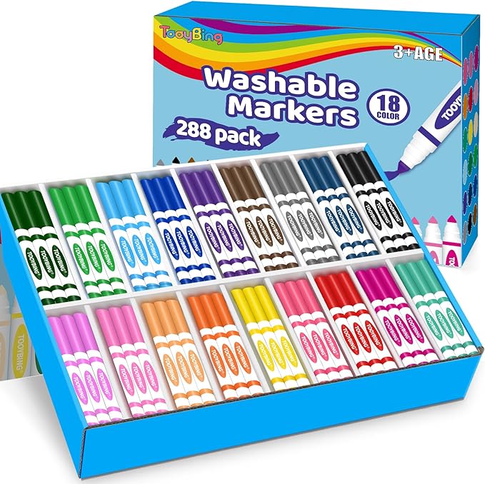Washable Markers Bulk (288 Count), 18 Assorted Colors, Washable Markers for Kids Classroom School, Broad Tip Durable for Back to Classroom Art School Supplies Essentials