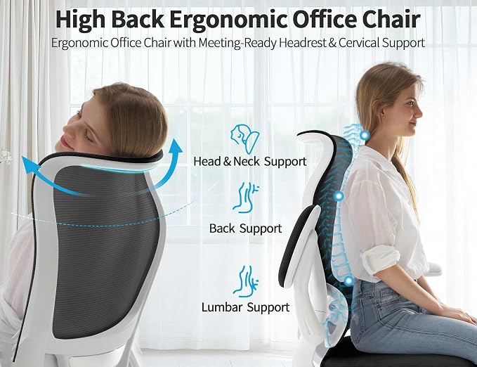 TRALT Office Chair Ergonomic Desk Chair - Gaming Chair with Lumbar Support | 330 LBS Home Office Desk Chairs , Reading Chair with Flip-up Armrests, Comfortable Computer Chairs (1, White Black)