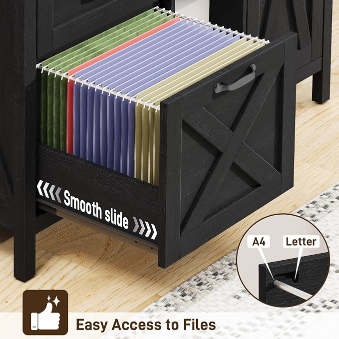 Befrases Farmhouse Lateral Filing Cabinet, Lateral File Cabinet with 3 Drawers and Cabinet, Large Printer Stand with File Drawer for Letter/A4 Size Hanging Files for Home Office, Rustic Black