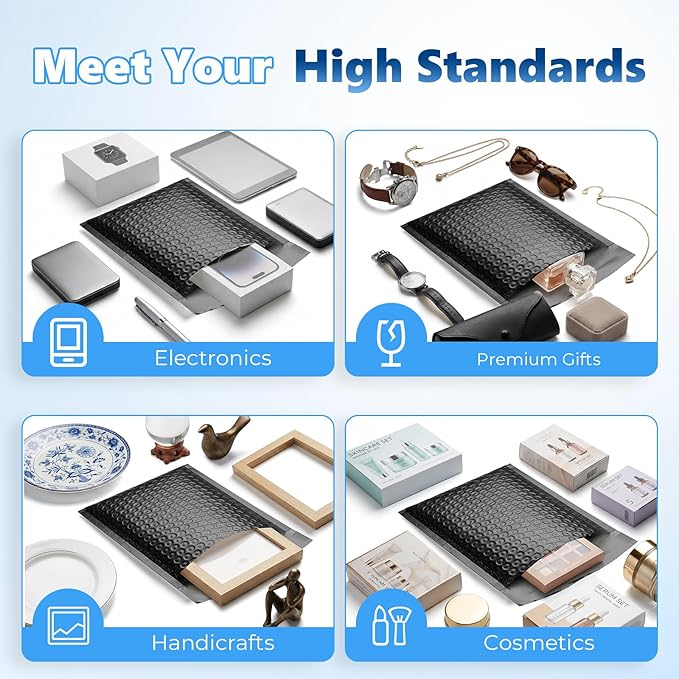 Metronic Bubble Mailers 6.57x10" 50 Pack Padded Envelopes with 1/7" Thickened Bubble Waterproof Mailing Envelopes Usable Size 6.57x9" Shipping Bag for Fragile Products, 6x9 Items,Small Business, Black
