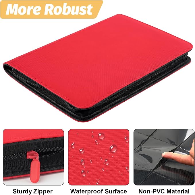 360 Cards Ringless 9-Pocket Side Loading Trading Card Binder, PU Zipper Fixed Page Card Album for TCG Sports Cards, Not Fit Top Loaders (RED)