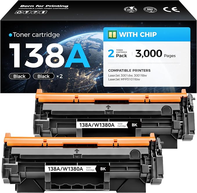 138A Toner Cartridge 2Pack with Chip High Yield Compatible for HP 138A 138X W1380A W1380X Toner Work with LaserJet Pro MFP 3001dw 3001fdw 3101fdw Laser Printer Ink All-in-One 3101fdwe 3001dwe 3001fdwe