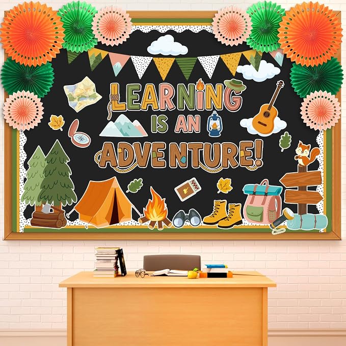 Camping Bulletin Board Decorations with Paper Fans 3D Explore Adventure Classroom Bulletin Board Set Summer Camp Tent Forest Woodland Cutouts Back to School Office Wall Door Decor