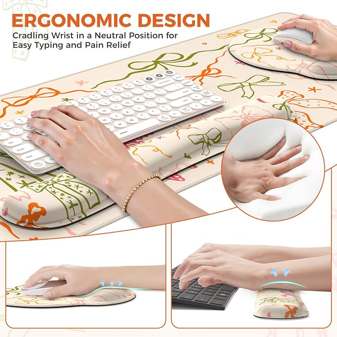 iCasso Desk Pad Mat, Large Mouse Pad and Keyboard Wrist Rest Set, Desk Protector Mat,4in1 Ergonomic Carpal Tunnel Keyboard Pad with Wrist Support for Desktop Home Office Computer (Colorful Ribbon)