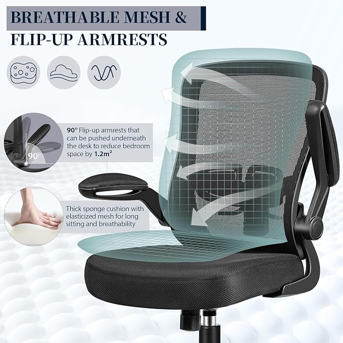 FelixKing Office Chair, Ergonomic Comfy Desk Chair with Flip-up Armrests | Adjustable Height, 360°Swivel, Flexible Tilt, Breathable Cushion and Fabric, Lumbar Support for Home Office, 10 PCS