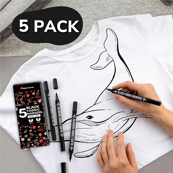 Zenacolor 5 Dual-Tip Black Fabric Markers Permanent for Clothes - Fabric Paint Pens for Personalizing Shirts Bags Hats Canvas and Textiles