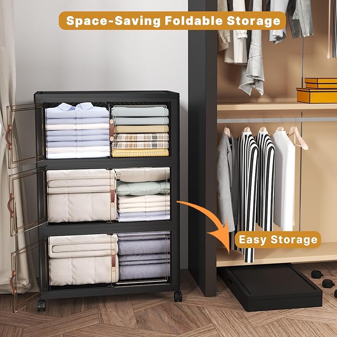 360QT Stackable Storage Bins with Lids,Doors & Wheels | Closet Organizers and Storage Cabinet, Lockable Plastic Foldable Drawers for Bedroom Dorm Office Garage（120QT*3,Black）