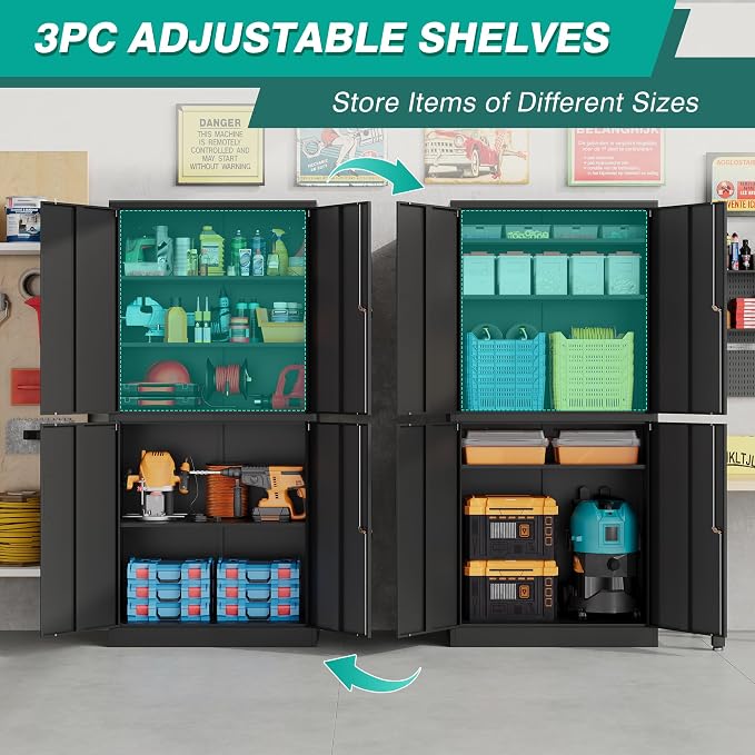 Metal Storage Cabinet with 3 Adjustable Shelves,Garage Storage Cabinet with Lock,Black Metal Cabinet with Locking Doors,Steel Cabinets 4 Doors,71" Lockable Storage Cabinets for Garage,Home,Office