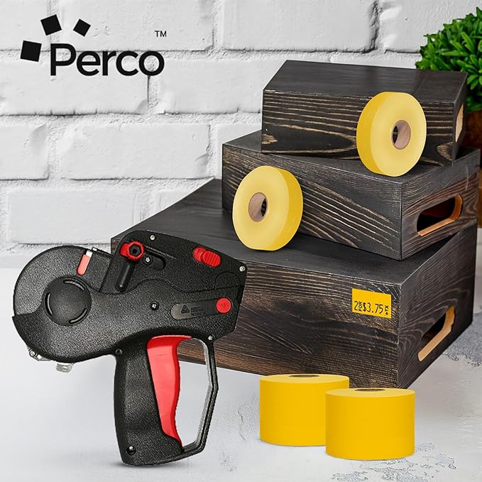 Perco Yellow Pricing Labels for Monarch 1131 Price Gun - 1 Sleeve, 8 Rolls, 20,000 Price Marking Labels - with Ink Roll Included