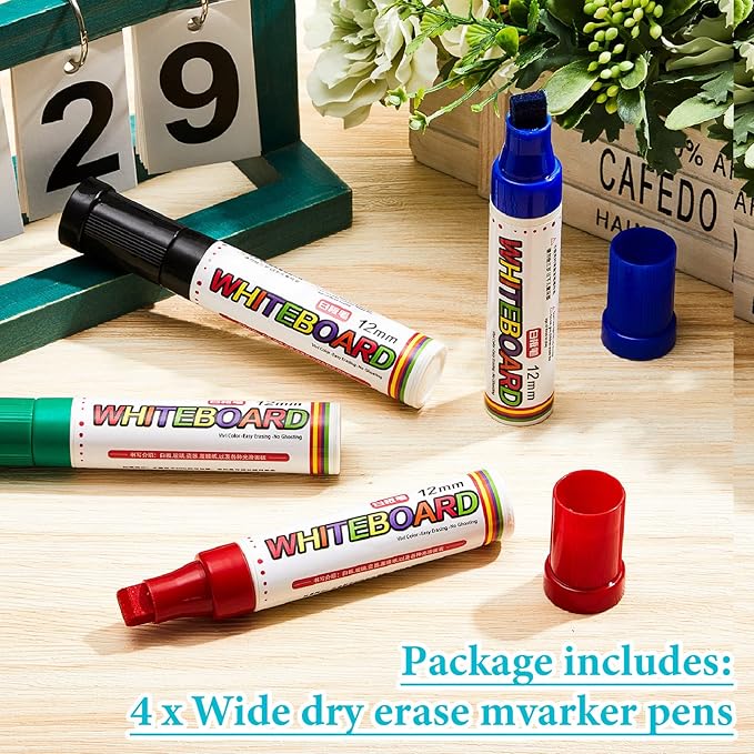 4 Packs Extra Thick Dry Erase Markers Fine Point White Board Markers Dry Erase 12 mm Big Nib Erasable Pens for Glass, Window, Black Board, Mirror, Assorted Colors