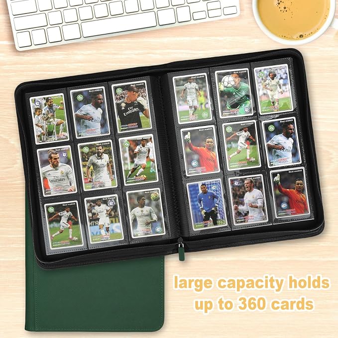 360 Cards Ringless 9-Pocket Side Loading Trading Card Binder, PU Zipper Fixed Page Card Album for TCG Sports Cards, Not Fit Top Loaders (DARKGREEN)
