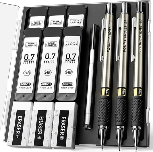3PCS Metal Mechanical Pencil Set with 0.7mm Medium Point, 360 Leads, 12 Erasers, Art Mechanical Pencils Pack with Storage Case for School Writing, Sketching, Drawing & Professional Drafting