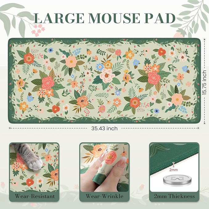 iCasso Floral Desk Mat for Keyboard and Mouse,Green Floral | Cute Gaming Mouse Pad,Anti-Slip Soft Lycra Surface Computer Mat Women,Girly Big Mousepad for Home Office