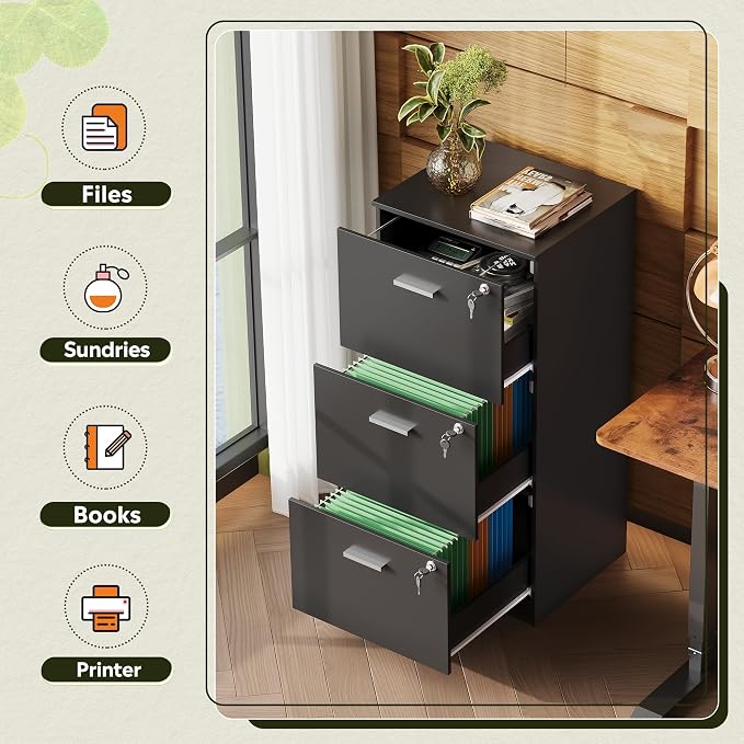 DEVAISE 3 Drawer Wood File Cabinet with Lock for Letter and A4 Size | Wooden Vertical Filing Cabinet, Home Office Filing Organizer, Printer Stand, Black