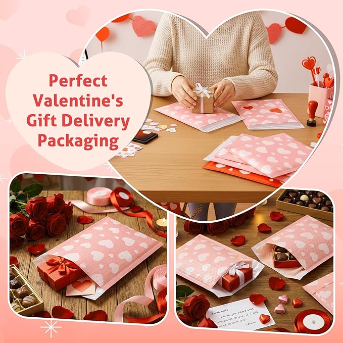Tinlade 100 Pack Pink Bubble Mailers 6x10" Pink Heart Padded Envelopes Usable Size 6x9" Peel and Seal Waterproof Poly Mailers for Packaging, Shipping, Small Business, Boutique
