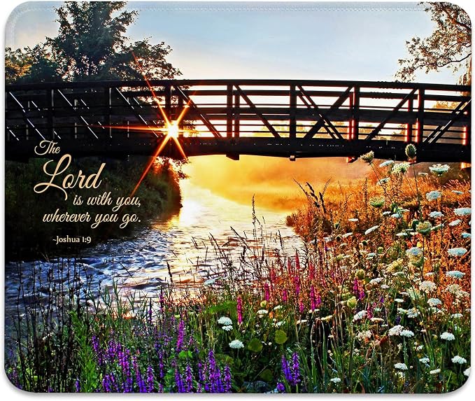 The Lord is with You Wherever You Go Mouse Pad, Christian Quote Desk Mat | Sunshine Glow Through Bridge & Wildflowers, Joshua 1:9, Inspirational Bible Verse Scripture, Stitched Mousepad 9.5 x 7.9 Inch