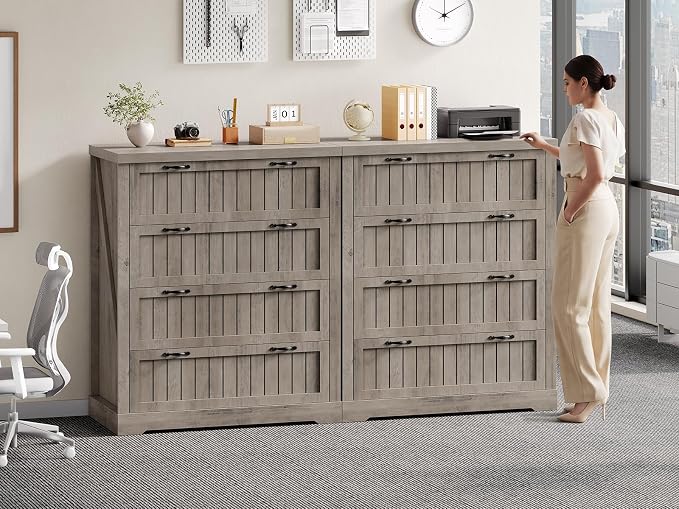 SEDETA Farmhouse 4 Drawer File Cabinet, Filing Cabinet for Home Office, Wood Office File Cabinets for Letter/Legal/A4 Size, File Cabinet Organizer with Printer Stand for Study Room, Living Room, Grey