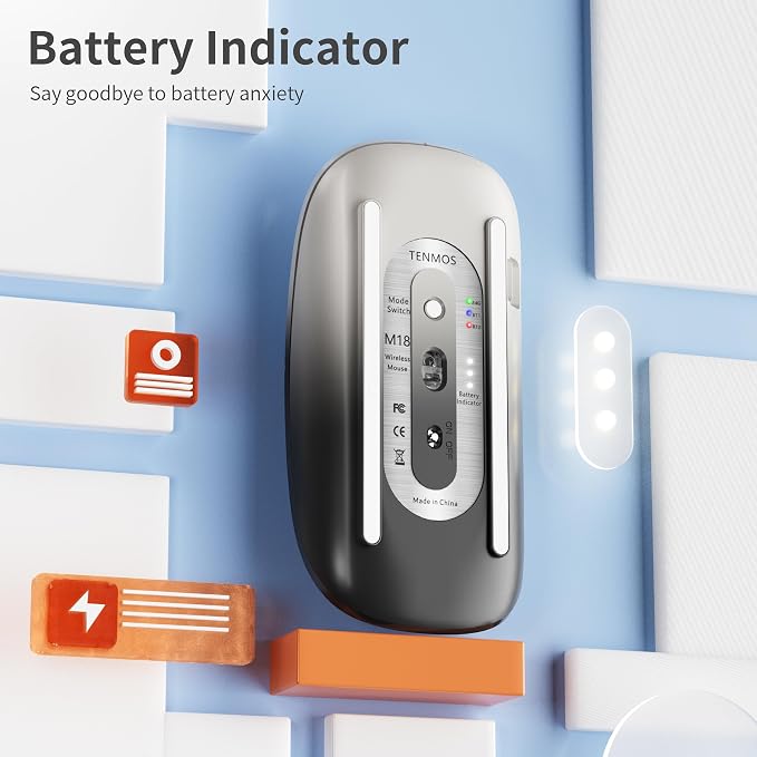 TENMOS M18 Bluetooth Mouse, USB C Rechargeable Wireless Mouse, Grey&Black | Tri-Mode BT5.1/5.0+2.4G, Silent, Portable, Battery Level Visible, USB Receiver,Type C Adapter, for Laptop/Macbook/iPad/PC