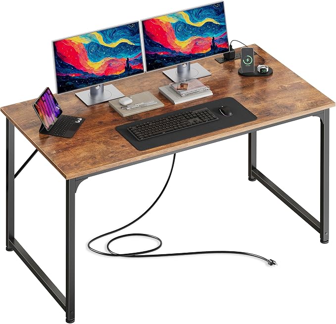 47 X 24 Inch Deeper Desk with Power Outlets | Computer Desk for Bedroom, Office Desk for Work from Home, Writing Study Gaming Table, Stable Metal Frame, Rustic Brown