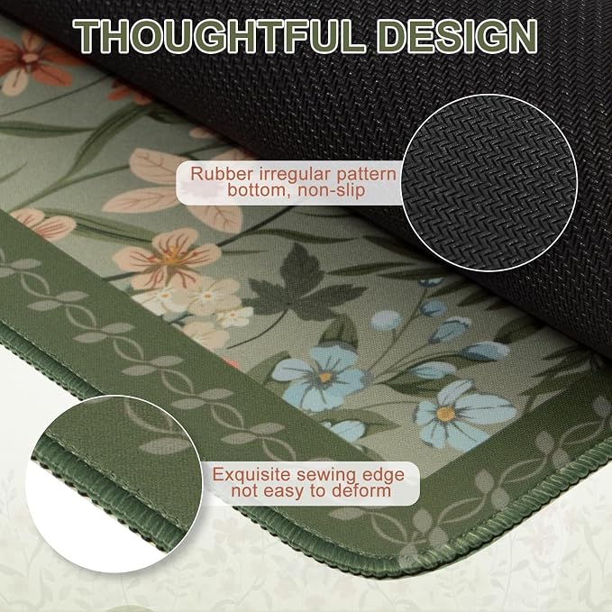 iCasso Desk Mat for Keyboard and Mouse,Cute Desk Pad,Sage Green | Large Non-Slip Keyboard Mat with Stitched Edges,Floral Mousepad for Women,Girly Computer Mat for Home Office