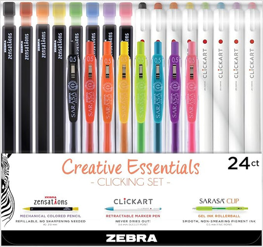 Zebra Pen Creative Set, Zensations, CLiCKART & SARASA Clip, Assorted, 24-Pk | Includes 8 Colored Pencils, 8 CLiCKART Markers and 8 SARASA Clip Retractable Gel Pens, Ideal for Bullet Journaling (76124)