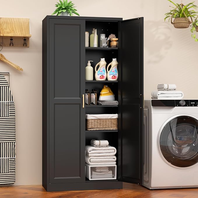 71" Tall Metal Kitchen Pantry Cabinet, Storage Cabinet with Doors | Kitchen Cabinet with 4 Adjustable Shelves, Food Pantry Cabinet, Cupboard for Kitchen, Dining Room, Garage, Office & School