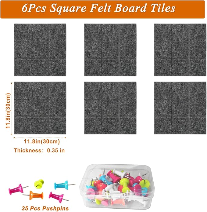 Large Square Felt Cork Board Tiles, Self Adhesive DIY Felt Bulletin Board Pin Board with 35 Pushpins for Office School Home Wall Decor Stickers Memos Photos Display (Deep Grey)