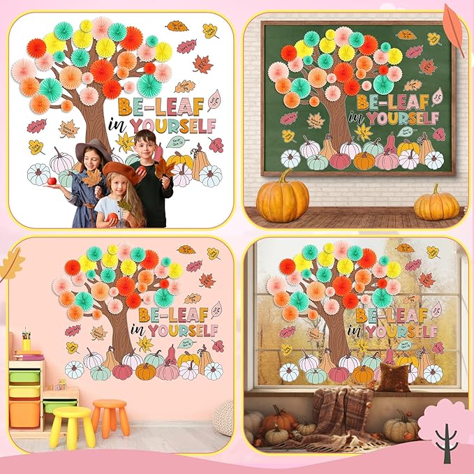 81 Pcs Fall Tree Bulletin Board Decorations Be Leaf in Yourself Classroom Tree Bulletin Board Motivational Boho Pumpkin Cutouts 3D Paper Fans Crafts Thanksgiving Fall Harvest Wall Decor