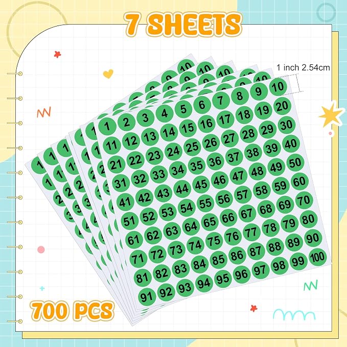 Clabby 700 Pcs Number Stickers 1-100 Consecutive 1 Inch Round,Green | Self Adhesive Vinyl Labels for Inventory, Storage Bins, Office Filing, Warehouse Management, Color Coded Organization
